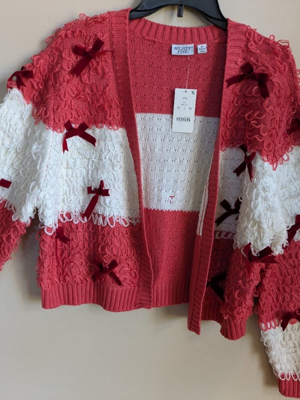 NWT mighty fine Christmas holiday cardigan loop white pink red bow size 2X #588